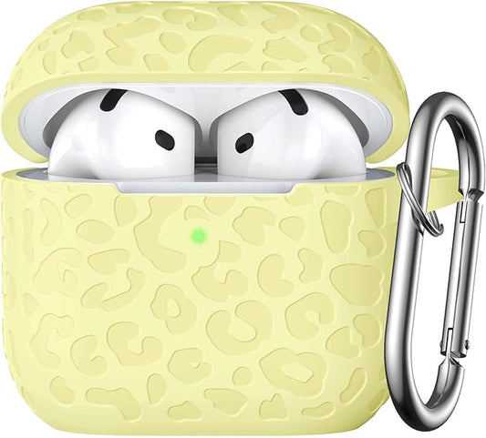 Leopard Engraved for AirPods 4 Case Cover 2024,Soft Silicone Protective Case Compatible with Apple AirPods 4th Generation Case for Women,Cute AirPod 4 Case Accessories with Keychain,Yellow