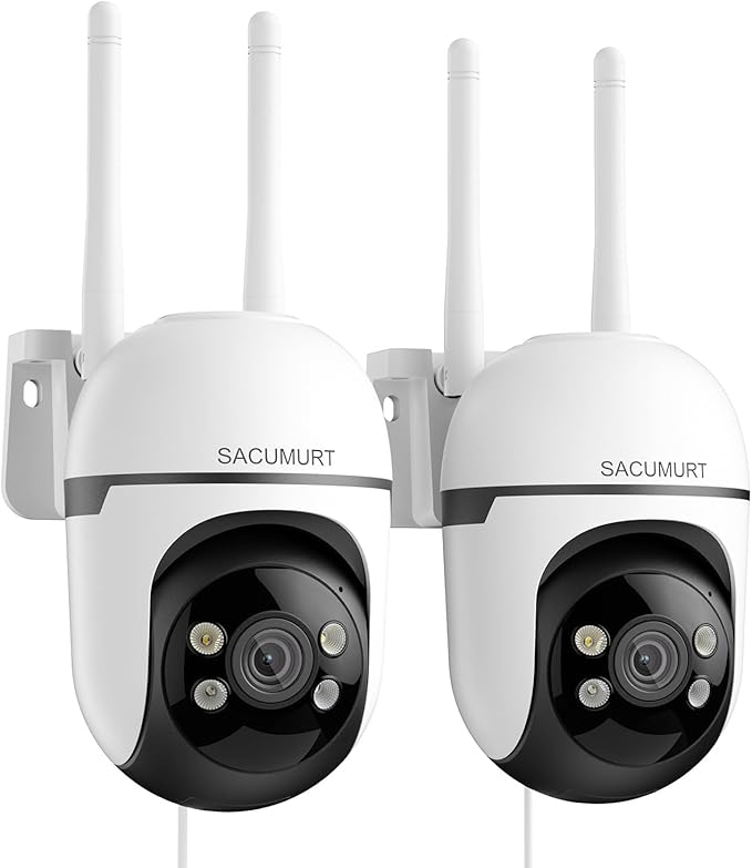 WiFi Security Cameras Wireless Outdoor Wired, Plug-in Outdoor Security Cameras for Home Security, 24/7 Recording, Human Detection, PTZ, 2K HD Color Night Vision, 2.4Ghz WiFi Only, 2-Way Talk, 2 Packs
