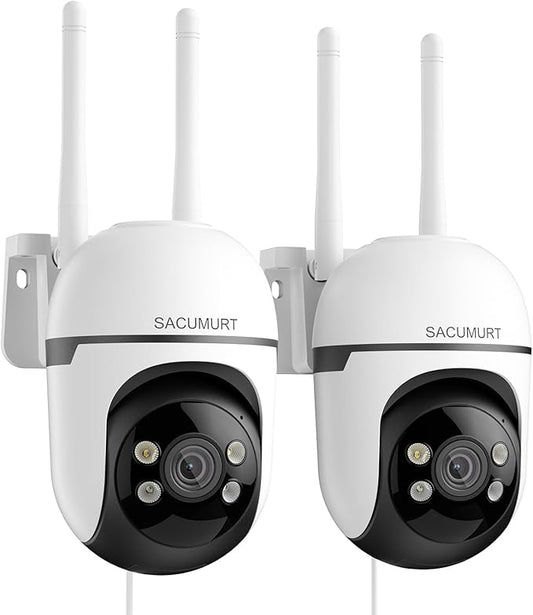 WiFi Security Cameras Wireless Outdoor Wired, Plug-in Outdoor Security Cameras for Home Security, 24/7 Recording, Human Detection, PTZ, 2K HD Color Night Vision, 2.4Ghz WiFi Only, 2-Way Talk, 2 Packs