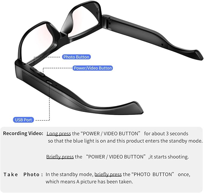 Camera Glasses Smart Video Glasses with Camera Wearable Sports Eye Glasses Outdoor Recording Motorcycle Riding Hiking Built-in 32G Memory