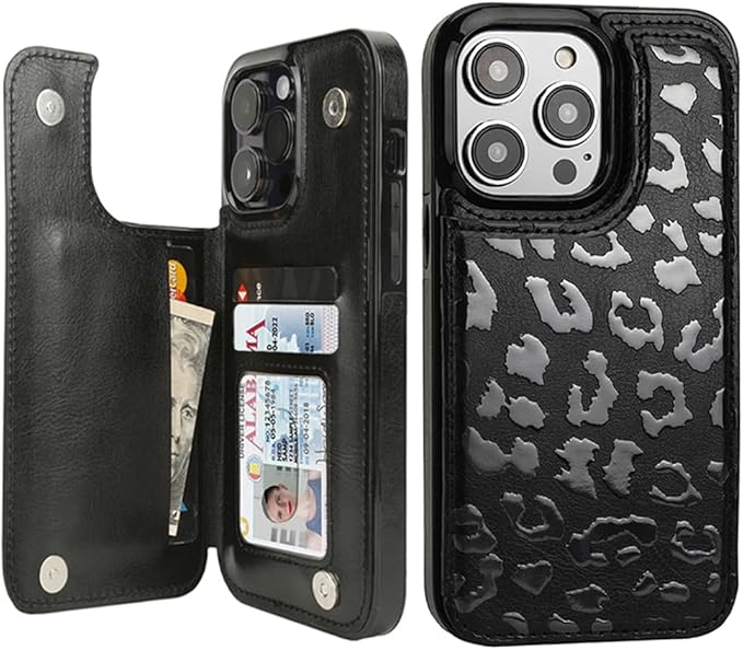 uCOLOR Compatible with iPhone 14 Pro 6.1 Inch Wallet Case with Card Holder Folio Flip PU Leather Kickstand Card Slots Case Double Magnetic Clasp and RFID Blocking Cover (Black Leopard)