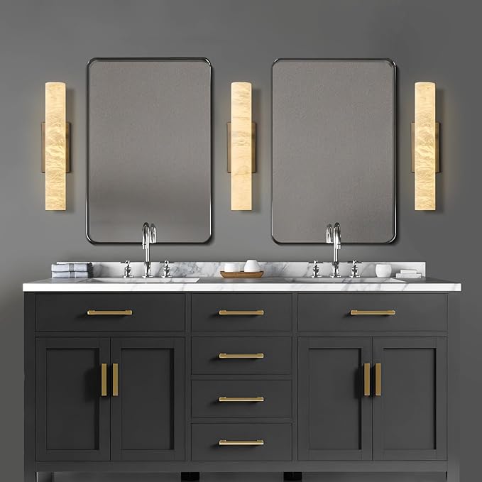 Alabaster Wall Sconces, 20" Black Wall Sconce, Modern Bathroom Sconces Wall Lighting, Cylinder Spanish Marble Wall Sconce Perfect for Living Room, Bedroom, Hallway, Stairs