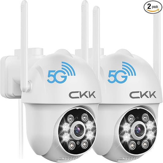 CKK 2K Security Cameras Outdoor 2Pack, 2.4G/5G Wireless Home Security Cameras, 360 PTZ, PIR Motion Detection, Color Night Vision, 2-Way Talk, Waterproof, Audible & Floodlight Alarm, Works with Alexa
