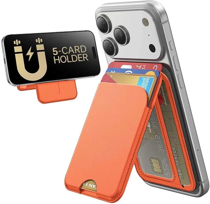 for MagSafe Wallet, 5 Cards Holder with Stand, Magnetic Phone Wallet Stand for iPhone 17/16/15/14/13/12 Pro Max Air Plus Series, RFID Blocking Vegan Leather,Orange