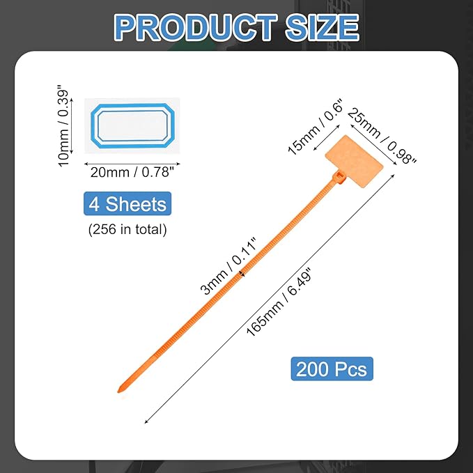 PATIKIL 6inch Zip Ties, 200pcs Cable Ties Tags Nylon Wire Marking Label Self Locking Plastic Straps Write on with Label Tags Paper for Organization Cord Network Ethernet Marking, Orange