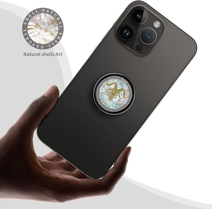 Carveit Natural Shells Cell Phone Ring Holder Metal Phone Kickstand Grip for iPhone 16 Pro Max/15/14 & Galaxy S23/S24/S25 Ultra & Pixel 8/9 -Black-Horned Goat