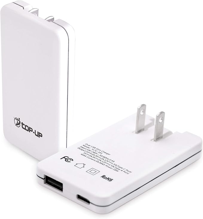 TOP-UP Flat USB Wall Plug 18W, Slim Dual Port USB C Charger Block