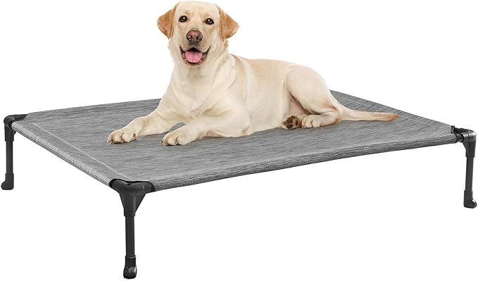 Veehoo Outdoor Elevated Dog Bed Large Sized Dogs, Large Cooling Raised Dog Cots Beds Training Platform Off Ground Hammock with Breathable Mesh, No-Slip Feet, 42"x30", Black Silver