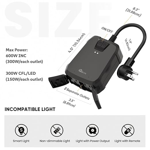 TREATLIFE 2 in 1 Outdoor Smart Dimmer Plug, 2 Individual Control Sockets, 600W, Compatible with Alexa, Google Home, IP64 Dimmer for Outdoor String Lights, Dusk to Dawn, 2.4GHz WiFi Only
