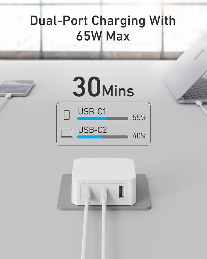 Nekmit 67W Flat USB C Charger Block, 3-Port GaN Fast Wall Charger(2*USB-C & 1*USB-A), USB C Wall Plug with Fixed Prongs for iPhone 17/16 Series, MacBook Pro/Air, iPad, Galaxy and More