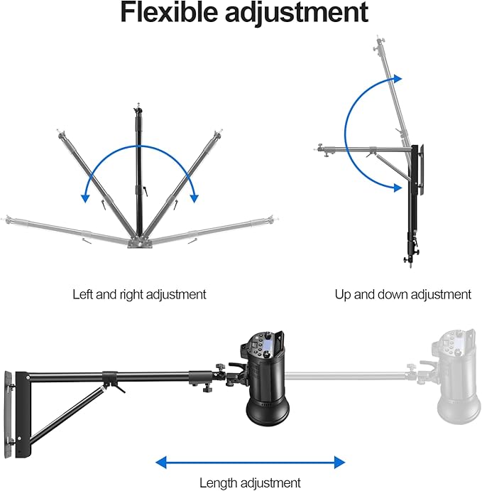 Wellmaking Wall Mount Triangle Boom Arm 53inch/135cm Length Adjustable Support 180° Flexible Rotation, Up to 4.26ft. With Tilt Adapter Light Stand with Standard 1/4 to 3/8 Metal Male Screw Photography