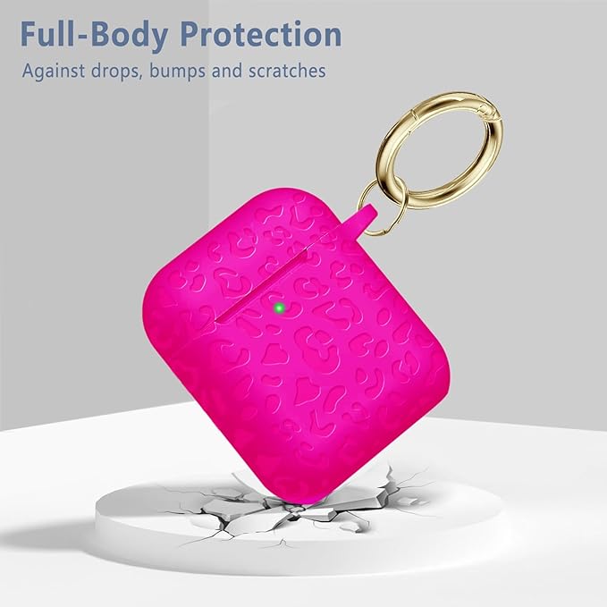 Compatible with Airpods Case Leopard Engraved Skin Cover Compatible with Airpods 2nd/1st Charging Case,Cute Soft Silicone Full Protective, Front LED Visible, Hot Pink