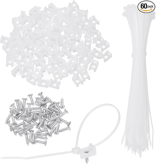 MECCANIXITY 60pcs 0.58" Cable Tie Saddle Type Mounts Base with 8" Cable Zip Ties and M3 Tapping Screws, Wire Organizer Holder Clamps Set, White