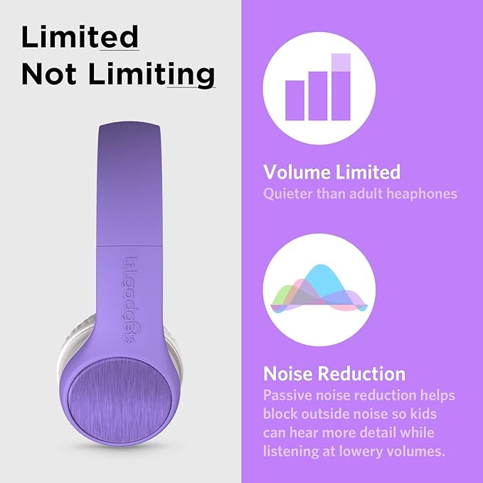 LilGadgets Connect+ Style On-Ear Kids Headphones with Microphone - SharePort Technology, SoftTouch Padding, Detachable Cable, Volume Limiting, Durable & Adjustable - Purple