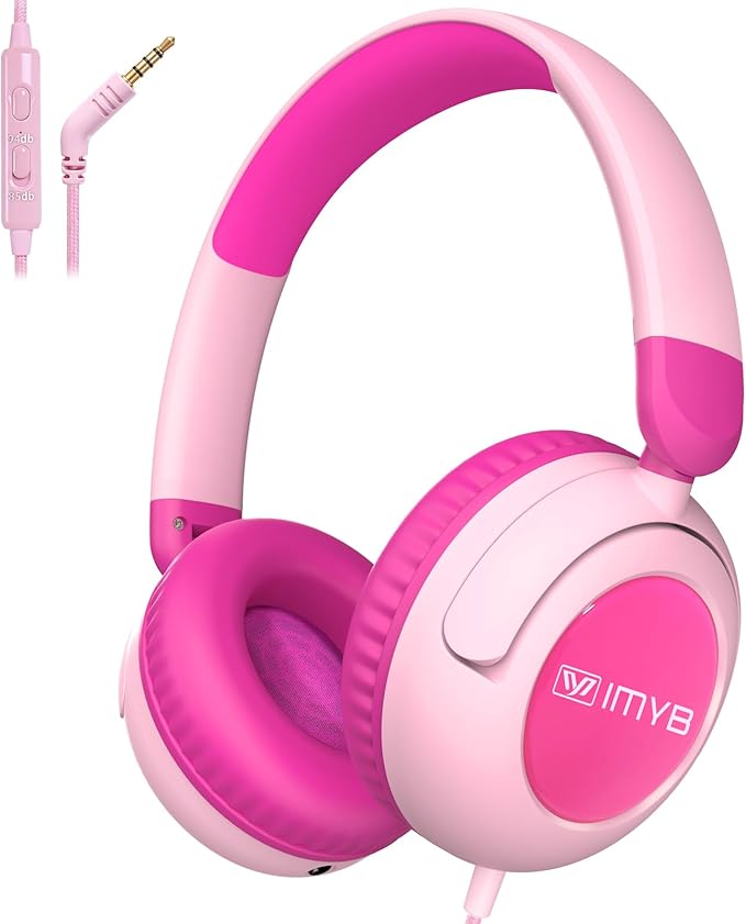 V8 Kids Headphones Wired with Mic for Toddlers, 85/94dB Safe Volume Limit, Foldable Portable Headphones for School & Travel, 3.5mm Port, Stereo Sound for iPad Tablet Kindle Computer (Pink)