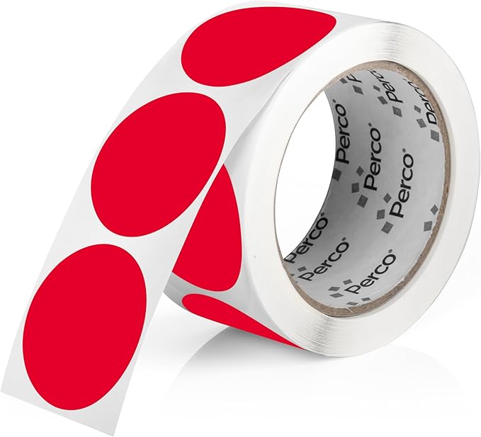 Perco Red 2-Inch Round Circle Dot Sticker Labels with Easy Peel Perforation - 500 Labels per Roll - Strong Adhesion, Vibrant Colors for Organizing, Crafting & More - Made in USA