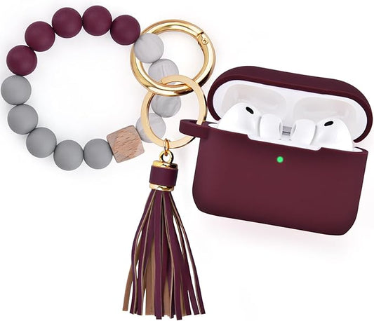 Filoto for AirPods Pro 3 Case (2025), Soft Silicone Protective Case Cover Compatible with Apple AirPods Pro 3rd Generation with Beaded Bracelet Keychain Accessories for Women Burgundy