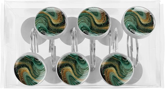 Green Marble Shower Curtain Hooks, 12Pcs Decorative Rust Resistant Shower Rings for Shower Curtain Rods, Stainless Steel Round Curtain Hooks for Bathroom, Bedroom, Farmhouse