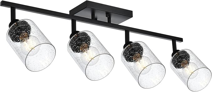 4-Light Black Track Lighting Kit Ceiling Mount Kitchen Track Lighting Fixtures, Bathroom Ceiling Tracking Vanity Light with Bubble Seeded Glass Shade & Rotatable Tracking Heads for Accent Shop
