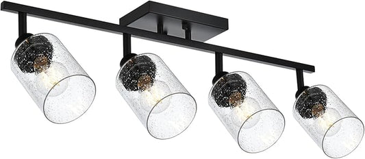 4-Light Black Track Lighting Kit Ceiling Mount Kitchen Track Lighting Fixtures, Bathroom Ceiling Tracking Vanity Light with Bubble Seeded Glass Shade & Rotatable Tracking Heads for Accent Shop