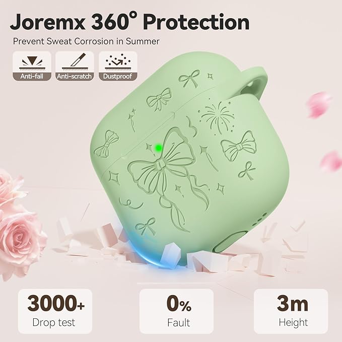 for Airpods 4 Case Cover, Joremx Cute Bow Engraved Silicone Protective Case Cover with Keychain, Cleaner Kit for AirPods 4th Generation Case 2024 (Cream Green)