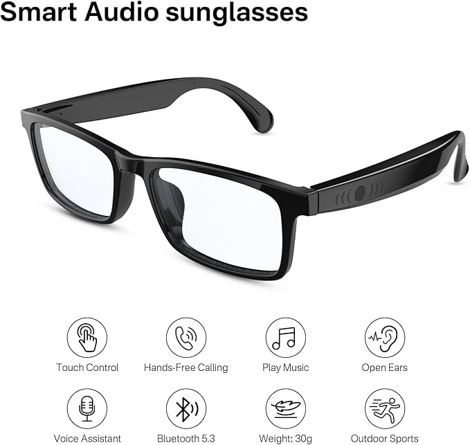 Smart Glasses for Men & Women, Clear Blue Light Glasses, Bluetooth Glasses with Speaker, Intelligent Touch & Voice Assistant, Compatible with iOS/Android, Audio Eyeglasses for Gaming/Working