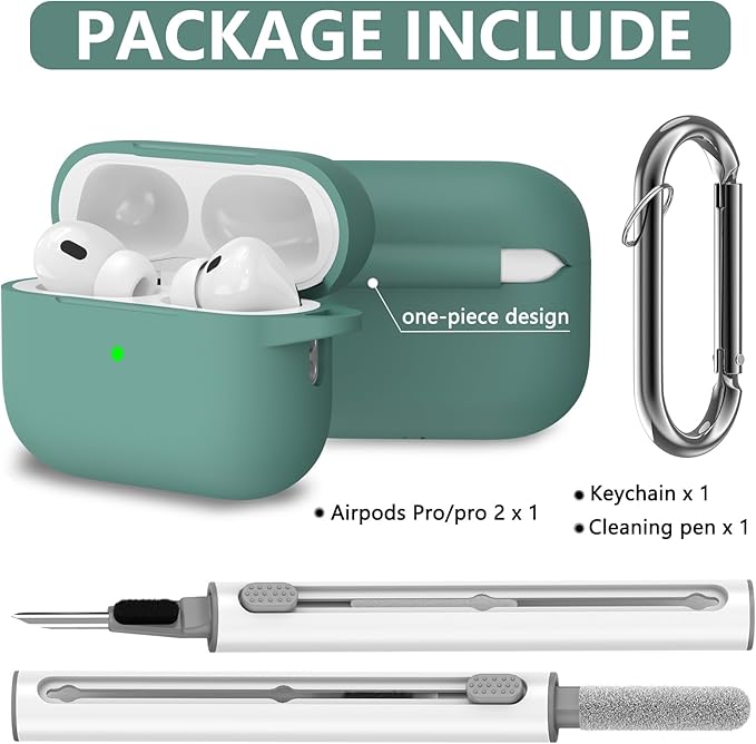 Ljusmicker for AirPods Pro Case Cover with Cleaner Kit,Silicone Protective Cover for Apple AirPods Pro 2nd/1st Generation Cases for Women Men,AirPods pro 2 Case Accessories with Keychain-Pine Green