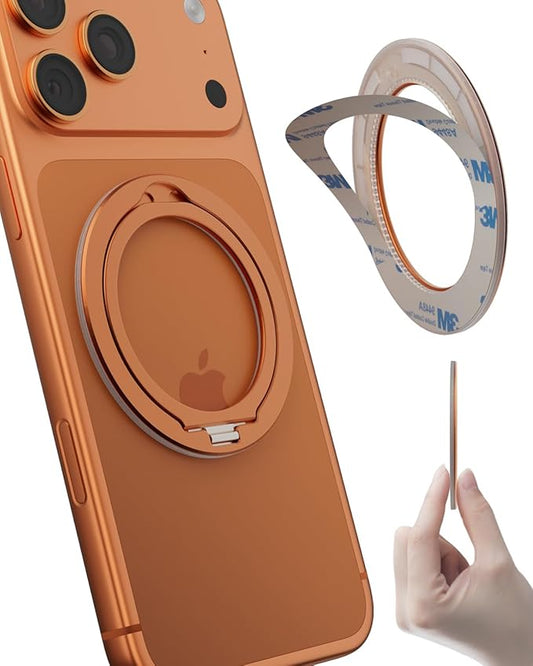 SEMBO Magnetic Phone Ring Holder for MagSafe, 0.1'' Ultra Thin 360° Rotation Cell Phone Grip Stand Finger Ring Kickstand Compatible with iPhone 17 Pro Max 16 15 14 13 12 MagSafe Accessories (Orange)