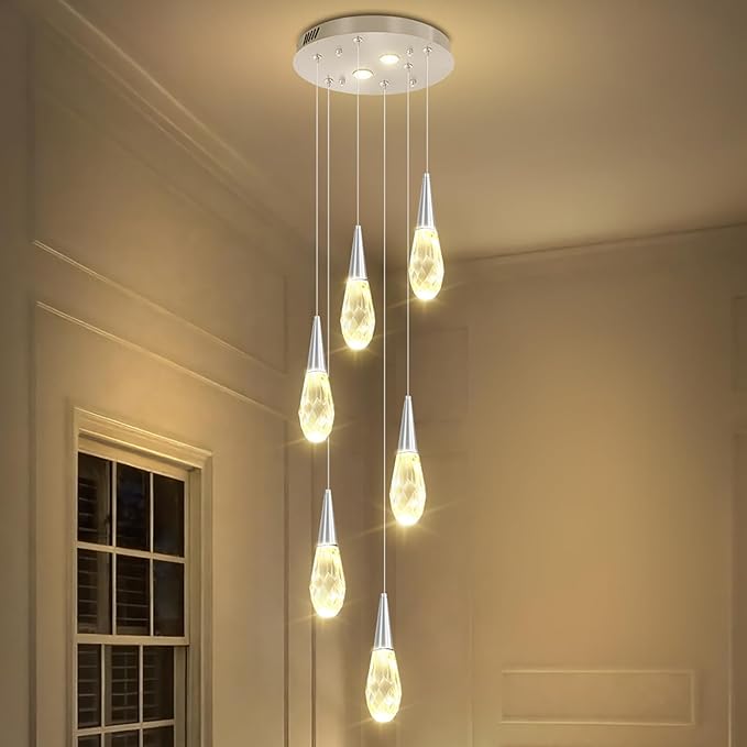 Modern Crystal Chandelier 6-Lights Pendant Chandeliers for Staircase Chrome Kitchen Pendant Light Fixture Hanging Lighting for Dining Room Living Room Bedroom Entryway