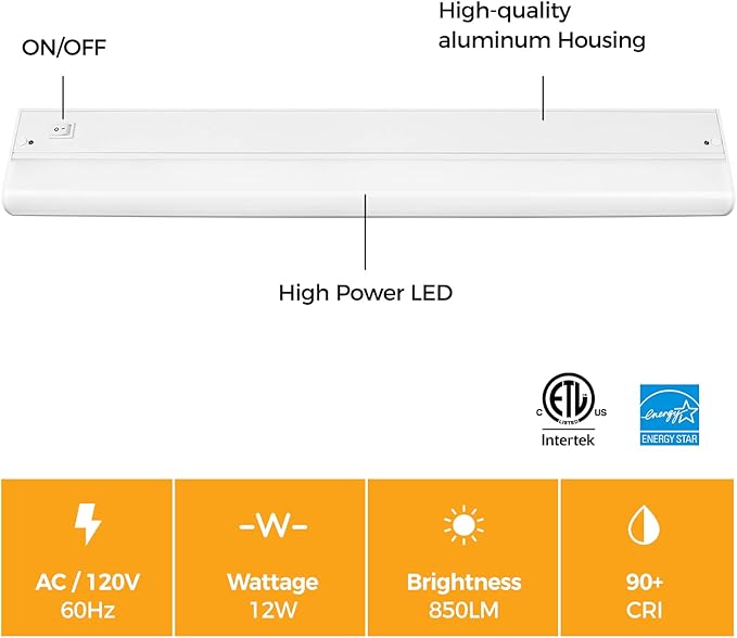 Hizashi LED Under Cabinet Lights Hardwired Only, 12W 850lm Direct Wire Under Cabinet Lighting, Dimmable, CRI＞90, ETL & Energy Star Certificated, 24inch, Warm White 3000K, Pack of 2