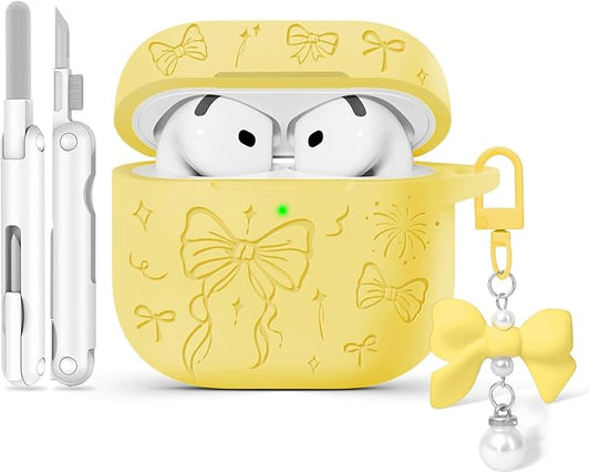 for Airpods 4 Case Cover, Joremx Cute Bow Engraved Silicone Protective Case Cover with Keychain, Cleaner Kit for AirPods 4th Generation Case 2024 (Yellow)