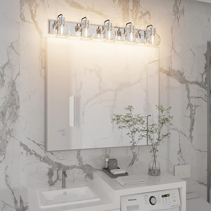 Tipace 5 Lights Stainless Steel Modern Bathroom Vanity Light Fixtures Over Mirror Chrome Industrial Vanity Lights with Globe Clear Glass Farmhouse Bath Lighting(Exclude Bulb)