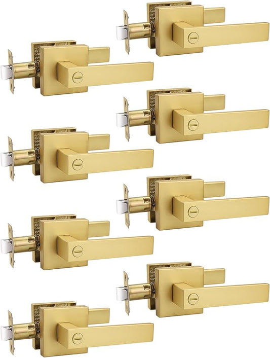 8 Pack Heavy Duty Gold Square Privacy Interior Door Levers, Satin Brass Finish, Bedroom and Bathroom Door Handles Keyless Bed/Bath Lockset
