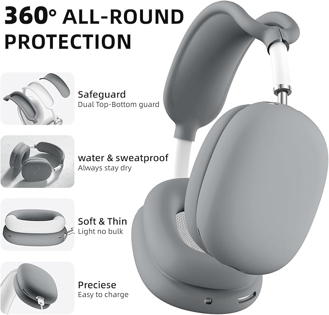 Lerobo Silicone Case Cover for AirPods Max, Anti-Scratch Ear Pad Case Cover/Ear Cups Cover/Headband Cover for AirPods Max 2024/2020 Headphones, Soft Silicone Skin Protector(Gray)