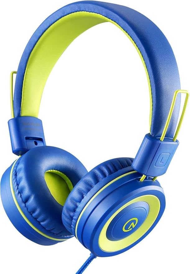 noot products Kids Headphones with Microphone K12 Stereo 5ft Long Cord with 85dB/94dB Volume Limit Wired On-Ear Headset for iPad/Amazon Kindle,Fire/Toddler/Boys/Girls/School(Blue/Lime)