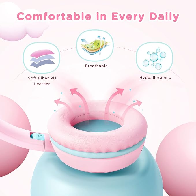 weneed Kids Headphones Wired with Microphone, Over Ear 85/94dB Volume Limited Headphones with Share Port, Stereo Sound Foldable Headset for Teens/Boys/Girls - Pink
