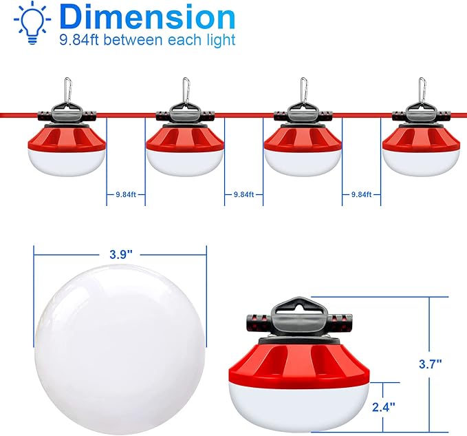 Construction Lights String Temporary Lighting,100ft Work String with 10 Integrated Jobsite LED Lights 10000LM Super Bright, Carabiner Hooks-10 Bulbs Red
