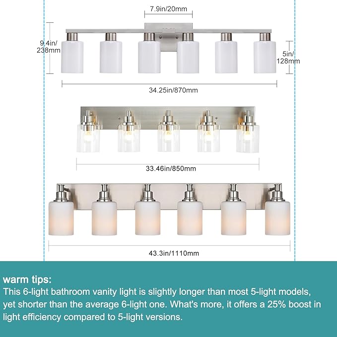 6-Light Bathroom Vanity Light, Brushed Nickel Fixture with Milky White Frosted Glass Shades, Large Over-Mirror Lighting for Bathroom, Modern Vanity Lights