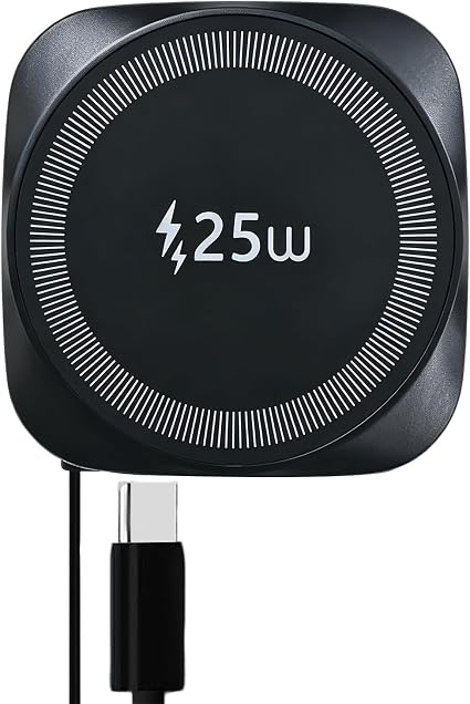 25W Magnetic Qi Fast Wireless Charging Pad, Slim Portable Wireless Charger with 0.7m Retractable USB-C Cable for iPhone, Samsung, Google Pixel, AirPods, 5 Colors(Black)
