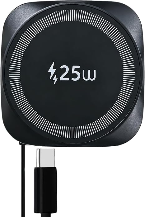 25W Magnetic Qi Fast Wireless Charging Pad, Slim Portable Wireless Charger with 0.7m Retractable USB-C Cable for iPhone, Samsung, Google Pixel, AirPods, 5 Colors(Black)