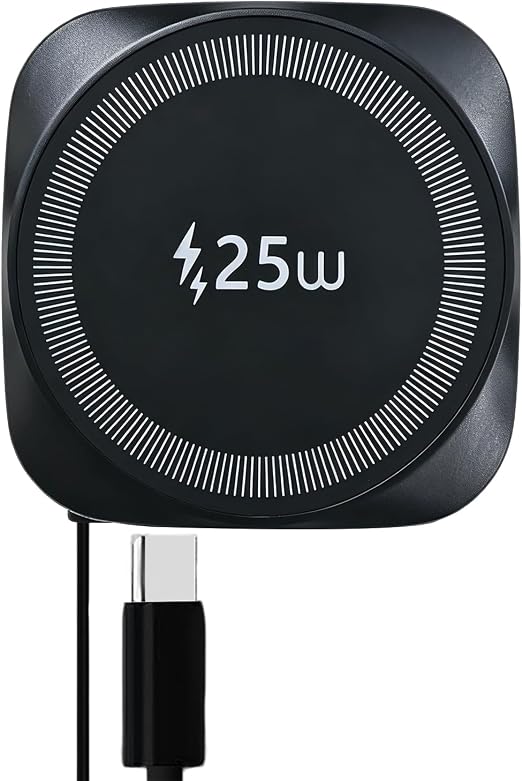 25W Magnetic Qi Fast Wireless Charging Pad, Slim Portable Wireless Charger with 0.7m Retractable USB-C Cable for iPhone, Samsung, Google Pixel, AirPods, 5 Colors(Black)