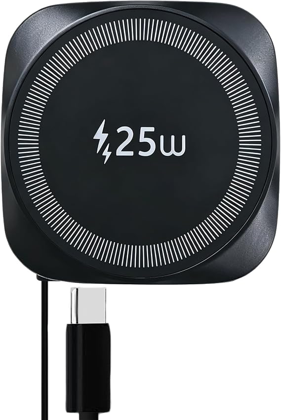 25W Magnetic Qi Fast Wireless Charging Pad, Slim Portable Wireless Charger with 0.7m Retractable USB-C Cable for iPhone, Samsung, Google Pixel, AirPods, 5 Colors(Black)