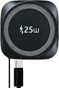 25W Magnetic Qi Fast Wireless Charging Pad, Slim Portable Wireless Charger with 0.7m Retractable USB-C Cable for iPhone, Samsung, Google Pixel, AirPods, 5 Colors(Black)