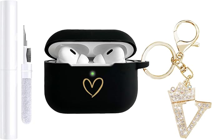 Compatible with AirPods Pro 3 Case Cover (2025), Soft Silicone Case with Gold Heart Pattern for AirPods Pro 3rd Generation Case with Rhinestone Studded Letter A-Z Keychain (V Black)