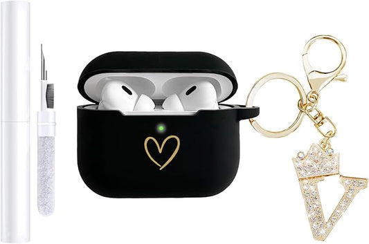 Compatible with AirPods Pro 3 Case Cover (2025), Soft Silicone Case with Gold Heart Pattern for AirPods Pro 3rd Generation Case with Rhinestone Studded Letter A-Z Keychain (V Black)