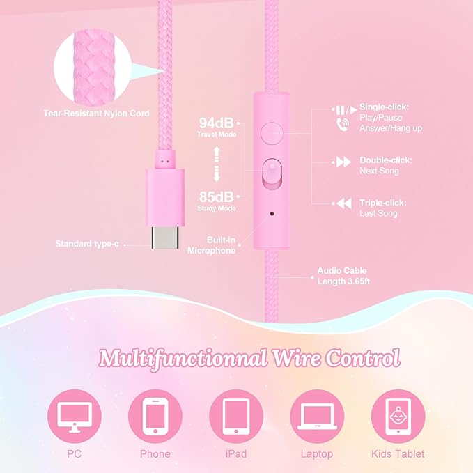 QearFun USB C Kids Headphones Wired with Mic, 85/94dB Safe Volume Limit, Foldable Over Ear, Tangle-Free Cord & Sharing Port, Wired On-Ear Headset for School, Chromebook, Tablet, Travel-Boys & Girls