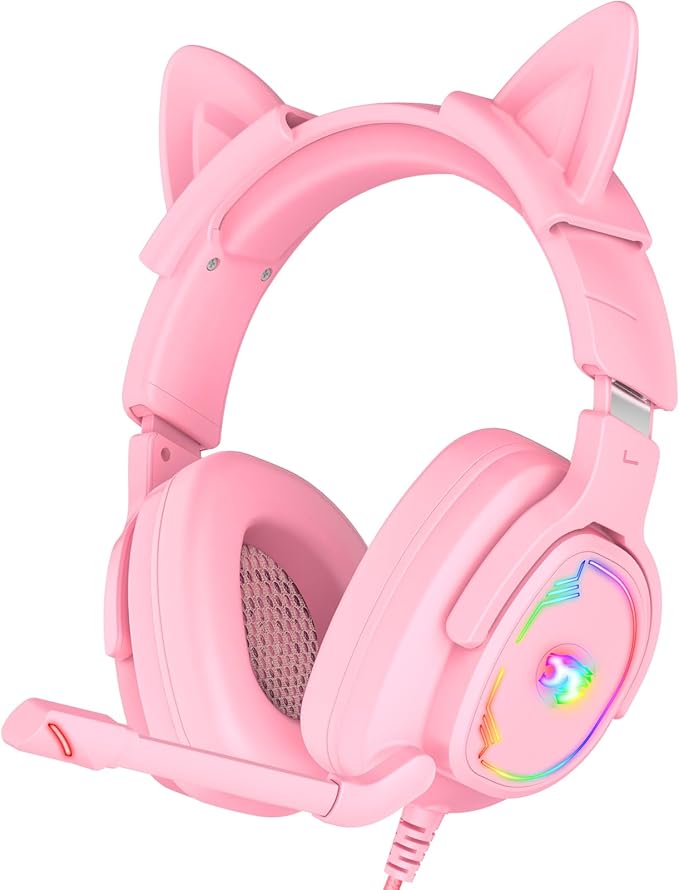 Gaming Headset for PC/PS4/PS5/Xbox One/Switch, Stereo Surround Sound Gaming Headphones with Noise Canceling Flexible Mic, Computer Headset with 3.5mm Jack & RGB Light (PinkCat)