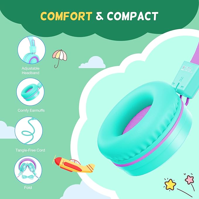 USB Type C Kids Headphones for School, Wired Toddler Headphones, 94dB Volume Limited, HD Stereo Sound, Foldable Lightweight On-Ear Wired Headphones for Kids/Children/Teens/Boys (Purple Green)
