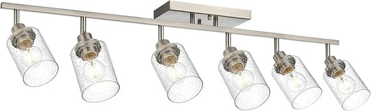 6-Light Brushed Nickel Kitchen Track Lighting Fixtures Ceiling Mount Track Lighting Kit with Bubble Seeded Glass Shade Modern Bathroom Tracking Vanity Lights Ceiling Tracking Accent Shop Light