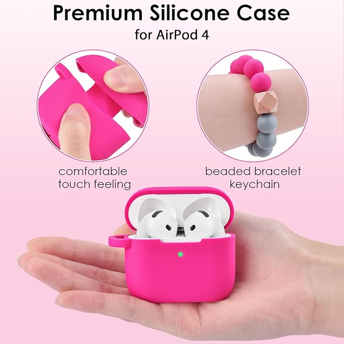 Apple AirPods 4 Case, Cute Apple AirPods 4 Case Cover for Women Girls, Silicone Protective Case with Bracelet Keychain (Fuchsia Pink, AirPods 4 Case)